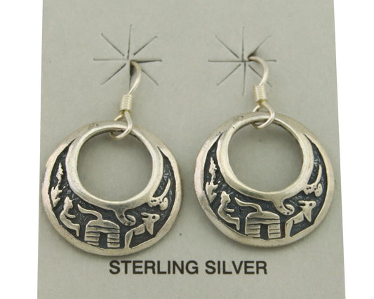 Navajo Earrings 925 Silver Dangle Pictograph Native American Artist C.80's