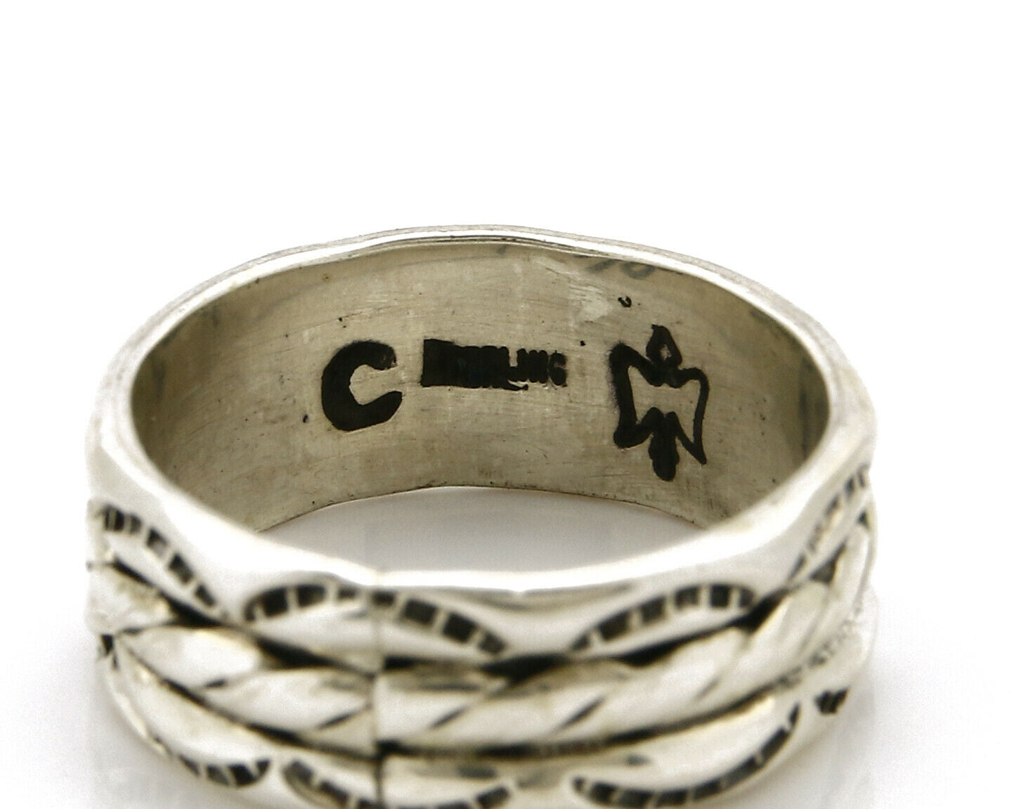 Navajo Ring .925 Silver Handmade Hand Stamped 3 Row Rope Band C.1980s Size 10.75