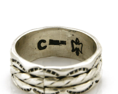 Navajo Ring .925 Silver Handmade Hand Stamped 3 Row Rope Band C.1980s Size 10.75