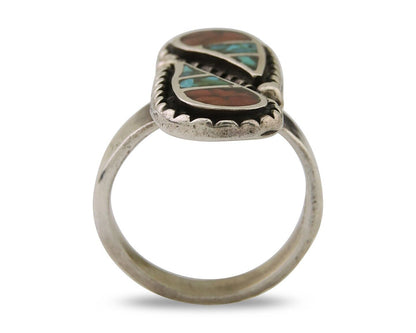 Navajo Ring 925 Silver Chip Inlay Turquoise & Coral Native Artist C.80's