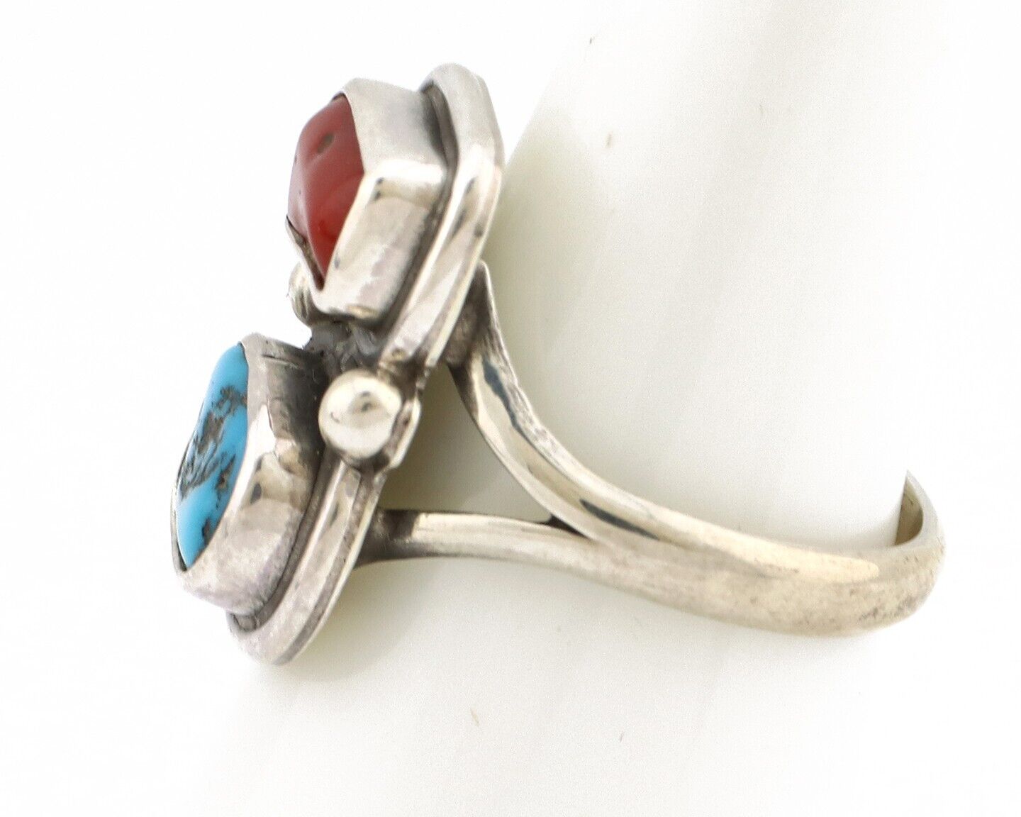 Navajo Ring 925 Silver SB Turquoise & Red Coral Native American Artist C.80s