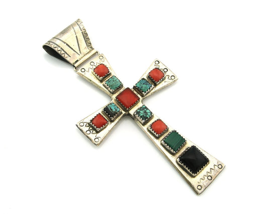Navajo Cross Pendant Sterling Silver Natural Gemstones Artist Vintage