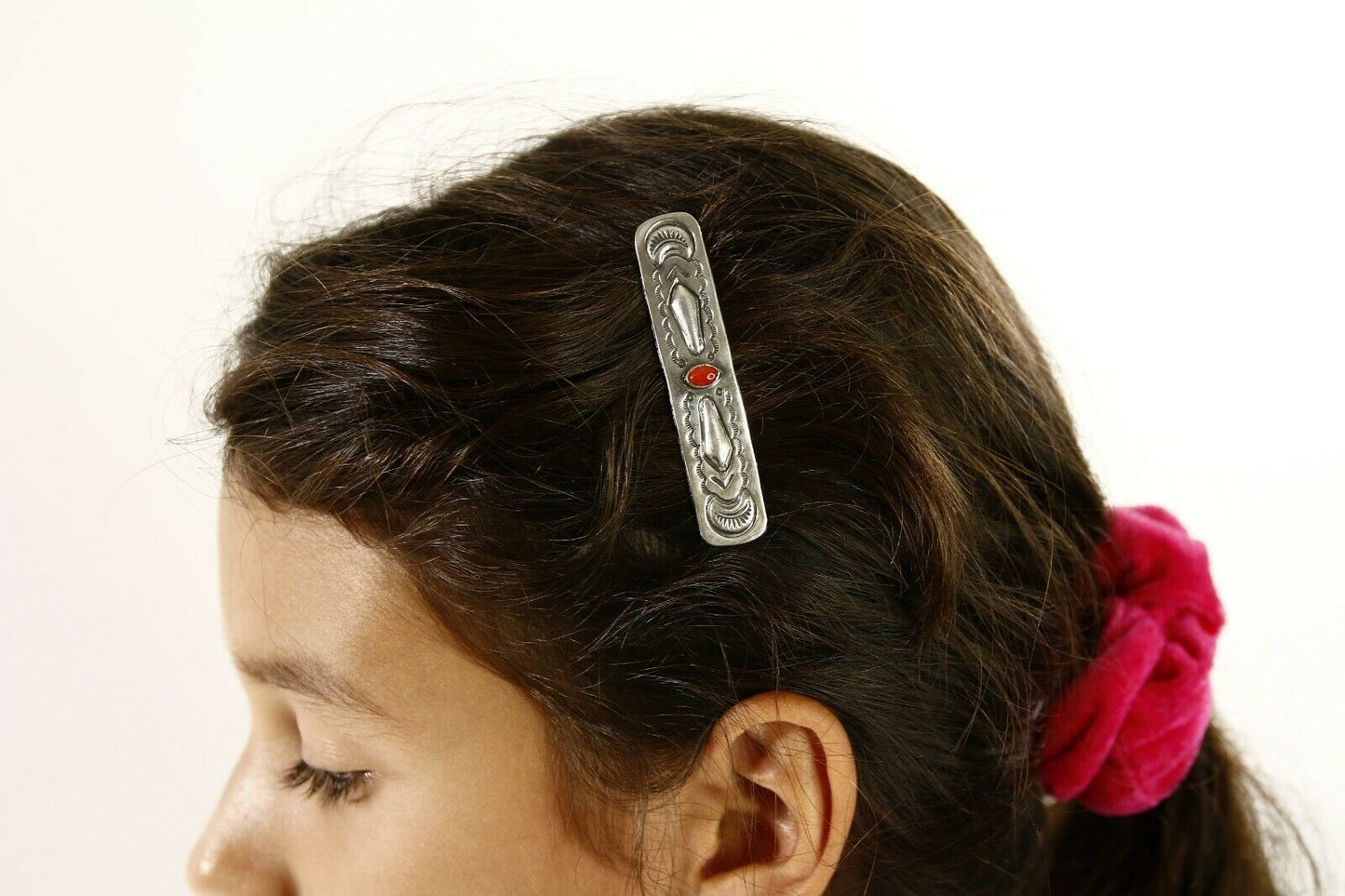Navajo Real Red Coral 925 SOLID SILVER Hand Stamped 12mm Wide Barrette Hair Clip