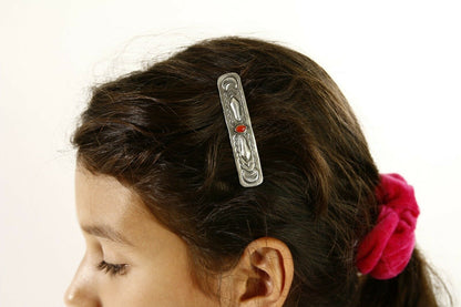 Navajo Real Red Coral 925 SOLID SILVER Hand Stamped 12mm Wide Barrette Hair Clip