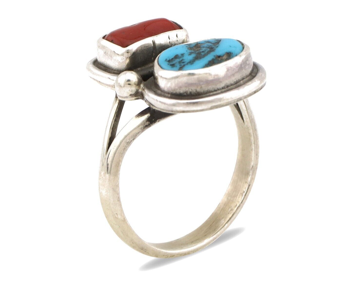 Navajo Ring 925 Silver SB Turquoise & Red Coral Native American Artist C.80s