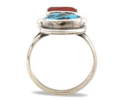 Navajo Ring 925 Silver SB Turquoise & Red Coral Native American Artist C.80s