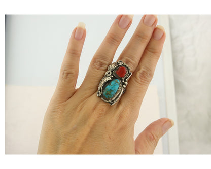 Navajo Ring 925 Sterling Natural Coral & Turquoise Signed JM C.80's Size 9.0