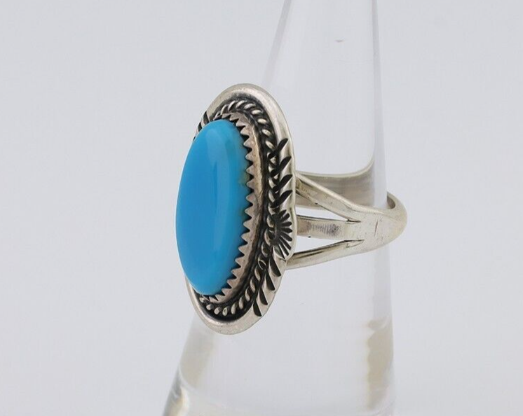 Navajo Hand Stamped Ring 925 Silver Natural Turquoise Native Artist C.80's
