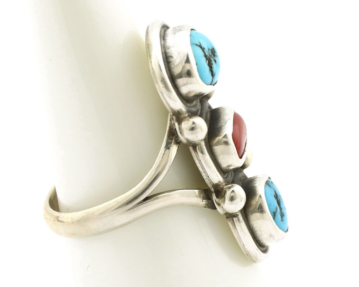 Navajo Ring 925 Silver Sleeping B Turquoise & Coral Native American Artist C.80s