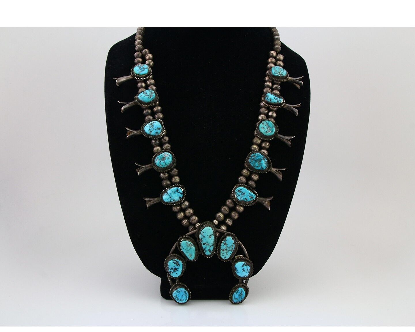 VTG Navajo Natural Blue Turquoise Squash Necklace 925 Silver Native Artist