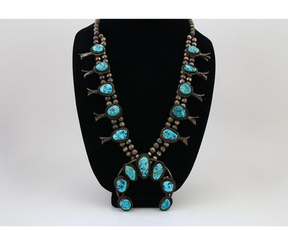 VTG Navajo Natural Blue Turquoise Squash Necklace 925 Silver Native Artist