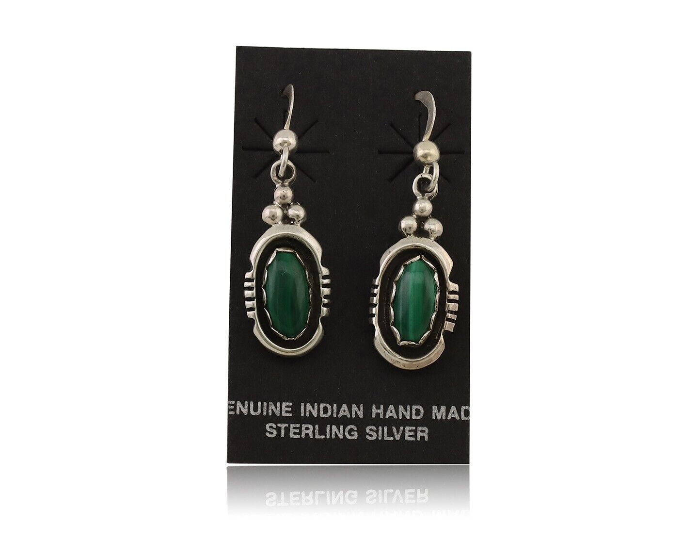 Navajo Dangle Earrings 925 Silver Natural Malachite Native American Artist C.80s