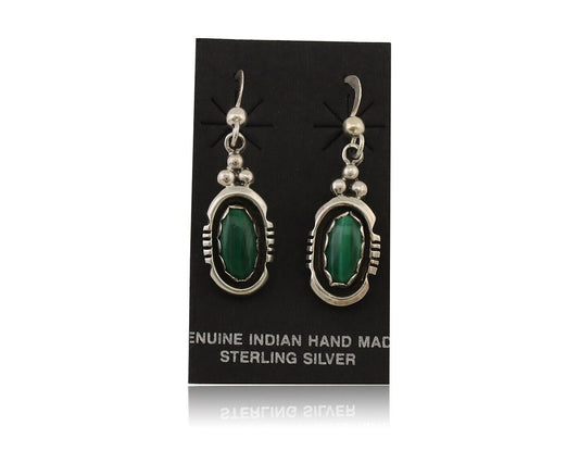 Navajo Dangle Earrings 925 Silver Natural Malachite Native American Artist C.80s