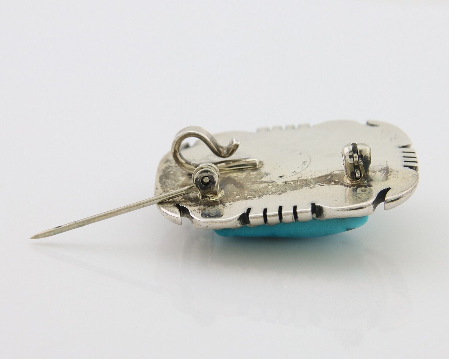 Navajo Pin 925 Silver Natural Blue Turquoise Artist Signed Hyson Craig C.80's