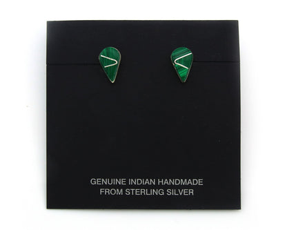 Navajo Earrings Sterling Silver Inlaid Natural Malachite Vintage Handmade
