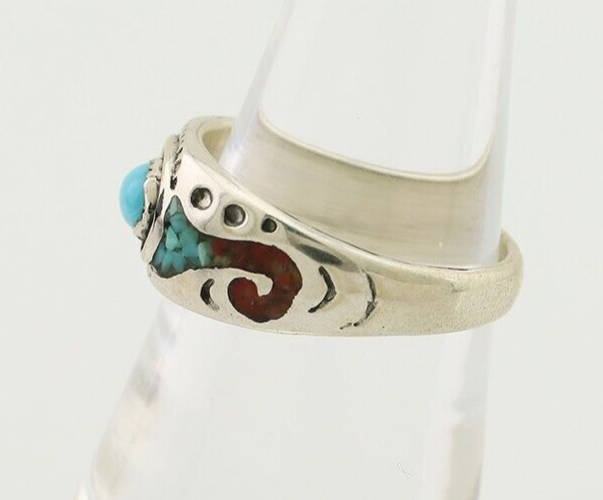 Navajo Ring 925 Silver Turquoise & Coral Natural American Artist C.80's