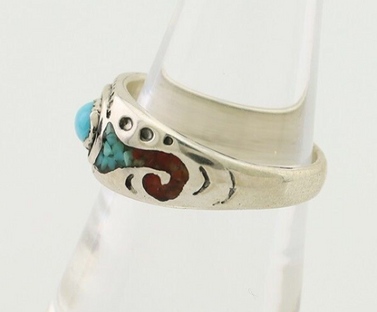 Navajo Ring 925 Silver Turquoise & Coral Natural American Artist C.80's