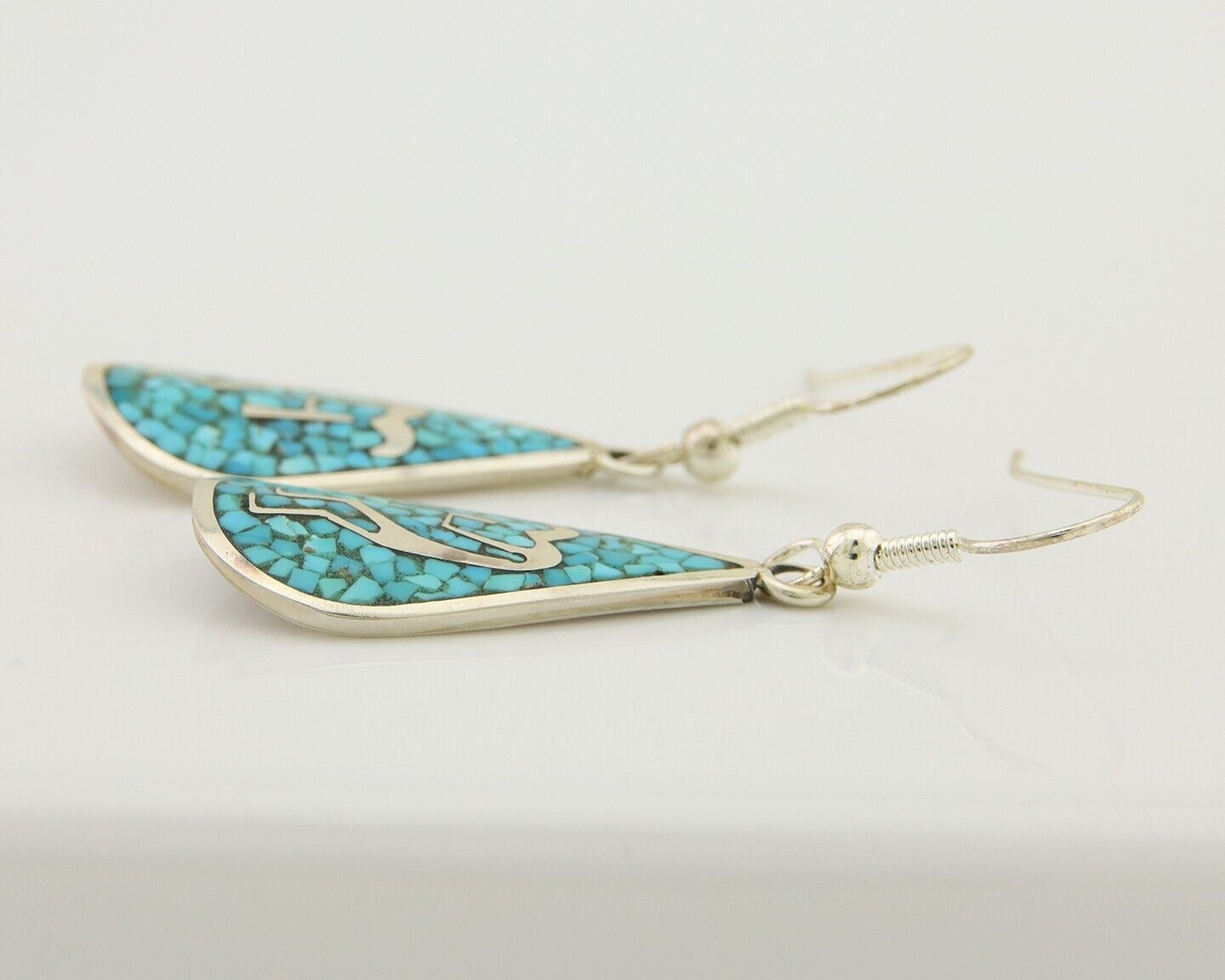 Navajo Kokopelli Earrings 999 Nickel Chip Inlay Turquoise Coral Native American