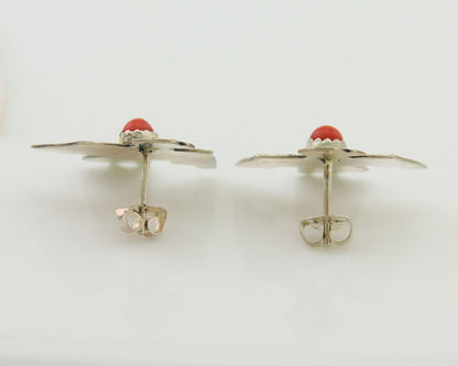 Navajo Thunderbird Earrings 925 Silver Natural Red Coral Native Artist C.80's