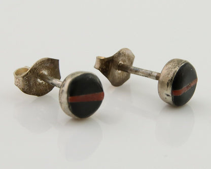 Navajo Earrings 925 Silver Inlaid Natural Onyx & Coral Native Artist C.80's