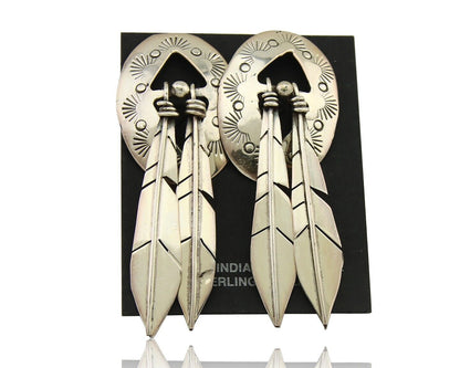 Navajo Feather Earrings 925 Silver Dangle Artist Signed DISHTA C.80's