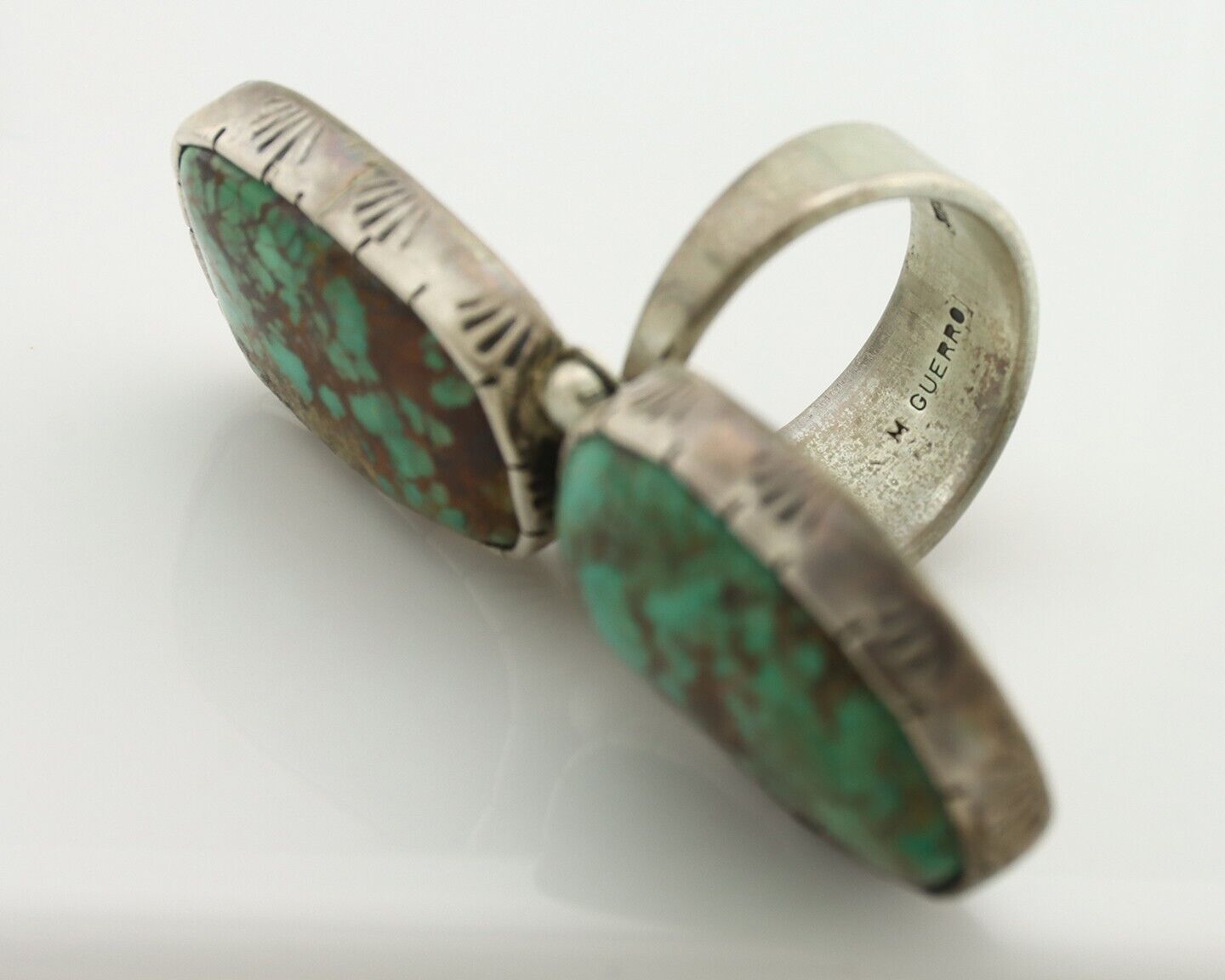 Navajo Ring 925 Silver Natural Green Turquoise Artist Signed M Guerro C.80's
