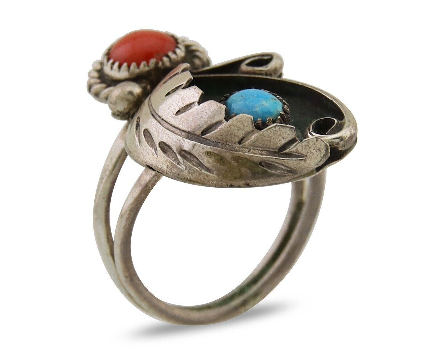 Navajo Handmade Ring 925 Silver Turquoise & Coral Native Artist C.80's