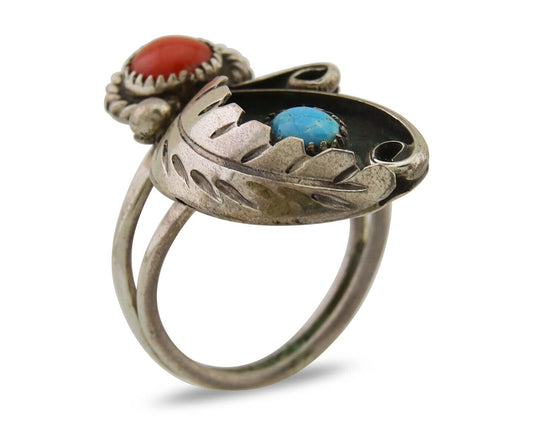 Navajo Handmade Ring 925 Silver Turquoise & Coral Native Artist C.80's