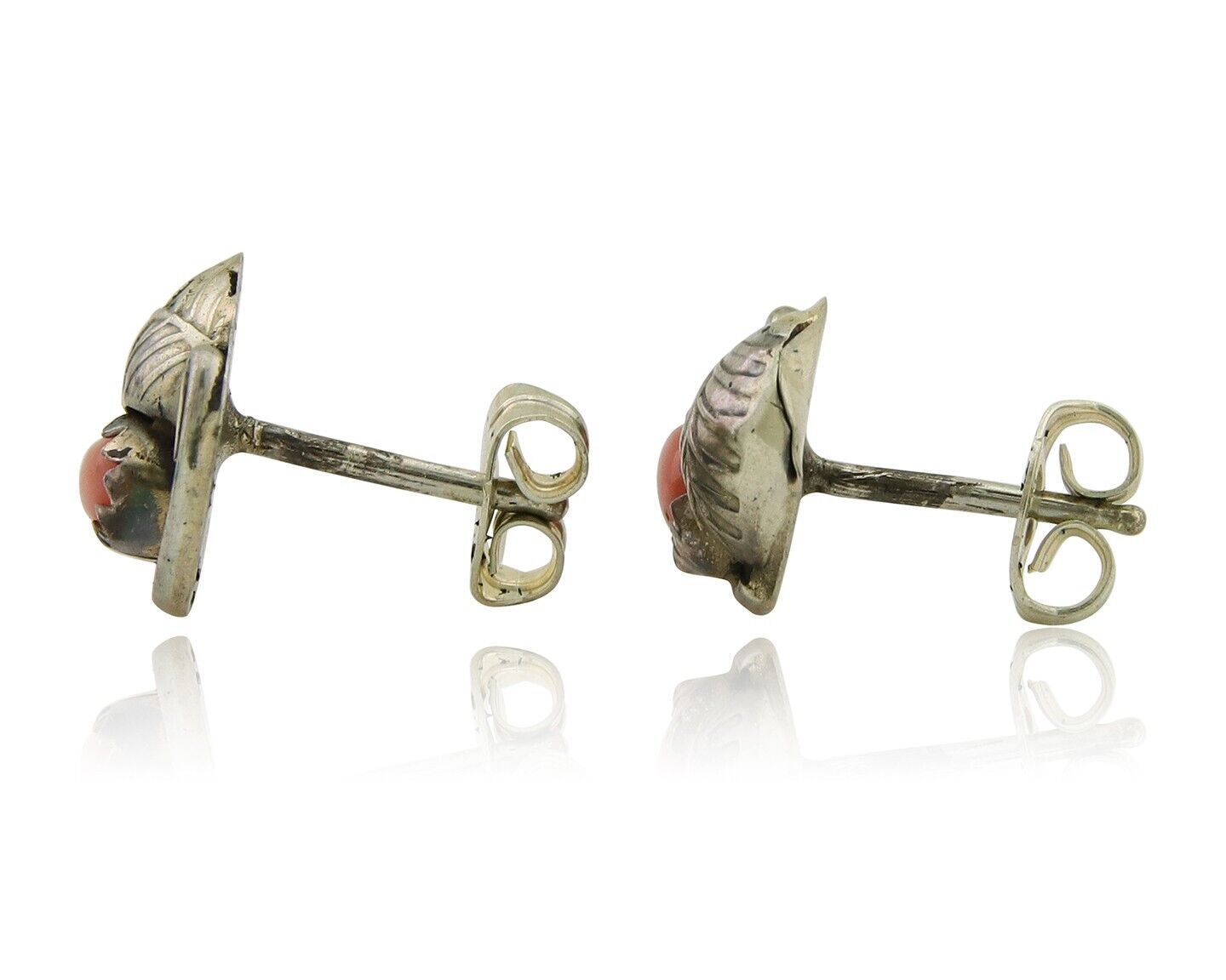 Navajo Earrings 925 Silver Natural Red Coral Native American Artist C.80's