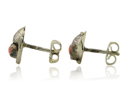 Navajo Earrings 925 Silver Natural Red Coral Native American Artist C.80's