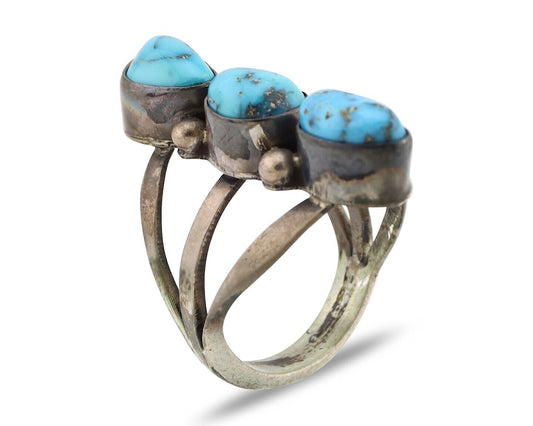 Navajo 3 Stone Ring 925 Silver Morenci Turquoise Native American Artist C.80's