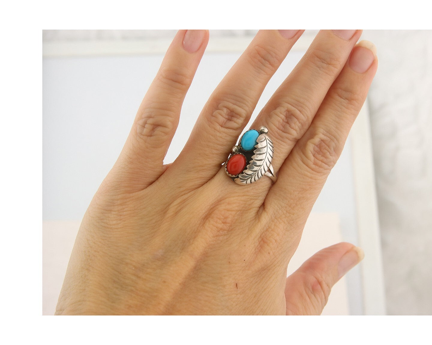 Navajo Ring 925 Sterling Natural Coral & Turquoise Signed BB C.80's Size 7.0