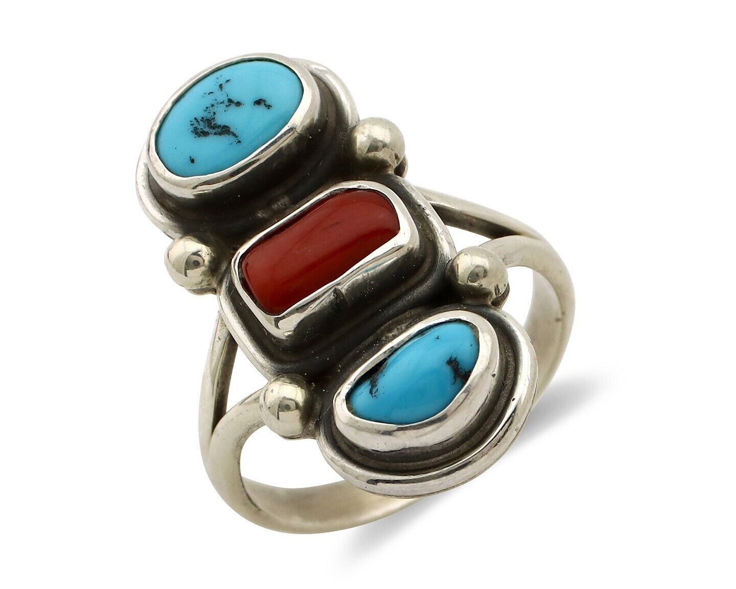 Navajo Ring 925 Silver Sleeping B Turquoise & Coral Native American Artist C.80s