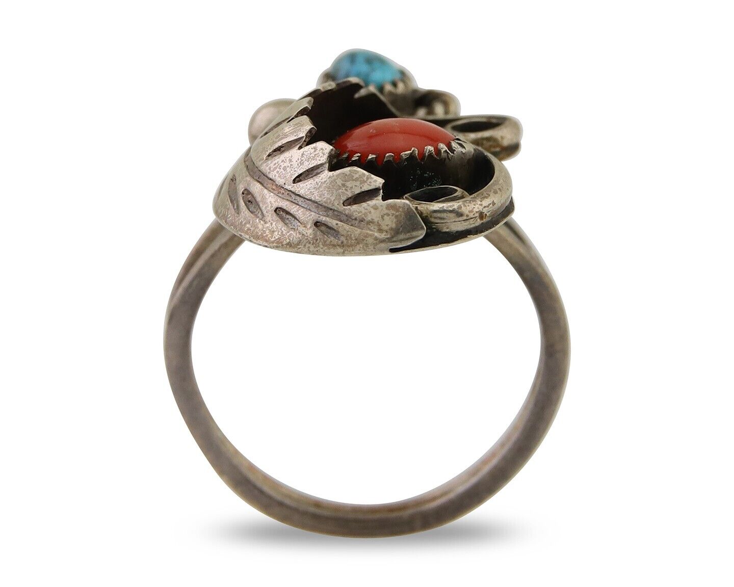 Navajo Handmade Ring 925 Silver Turquoise & Coral Native Artist C.80's