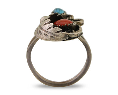 Navajo Handmade Ring 925 Silver Turquoise & Coral Native Artist C.80's