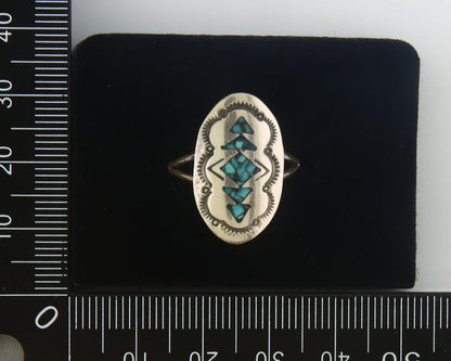Navajo Ring 925 Sterling Natural Chip Inlay Coral & Turquoise C.80's Size 7.5