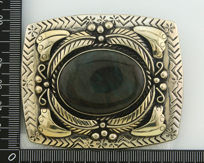 Navajo Belt Buckle .999 Nickel Agate Native Artist Handmade 2.5 x 3.0 in C.80s