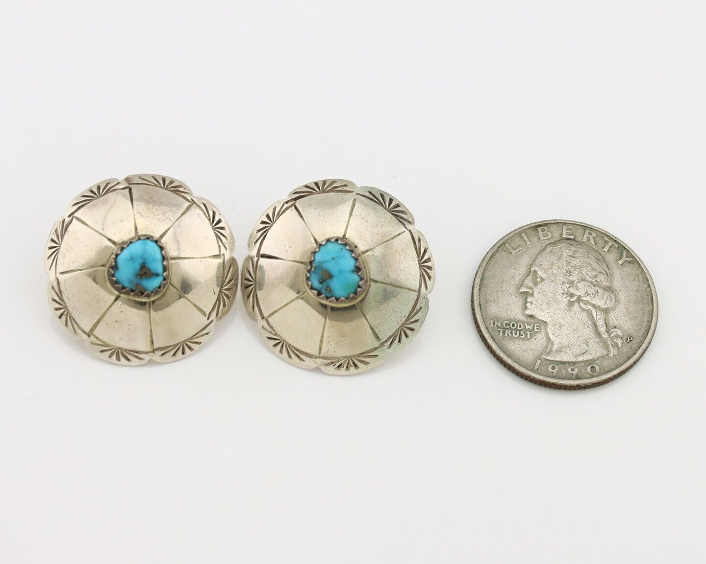 Navajo Hand Stamped Earrings 925 Silver Turquoise Signed Dean Brown C.80's