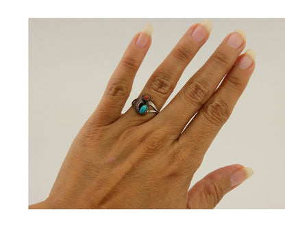 Navajo Handmade Ring 925 Silver Turquoise & Coral Native Artist C.80's
