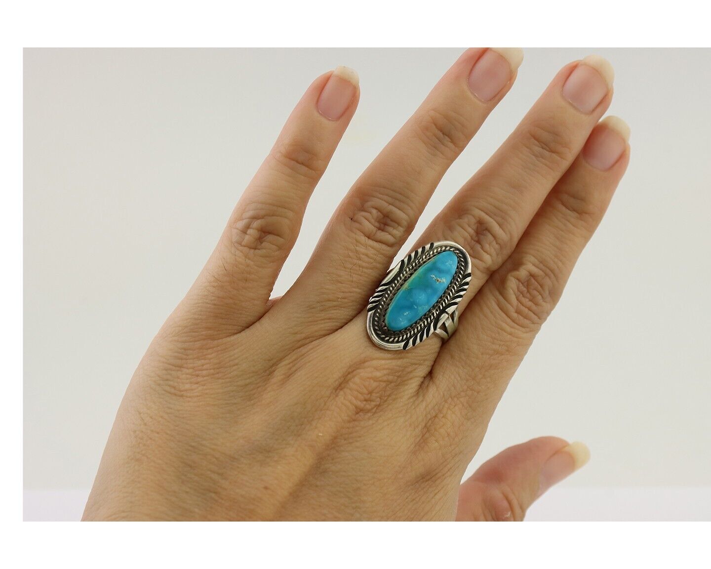 Navajo Ring 925 Silver Kingman Turquoise Native American Artist C.80's