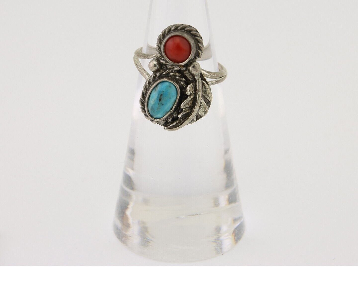 Navajo Handmade Ring 925 Silver Coral & Turquoise Native Artist C.80's
