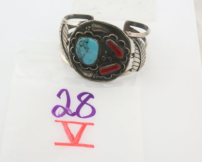 Men Navajo Bracelet 925 Silver Coral & Turquoise Native American Artist C.80's