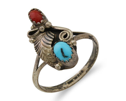 Navajo Handmade Ring 925 Silver Turquoise & Coral Native Artist C.80's