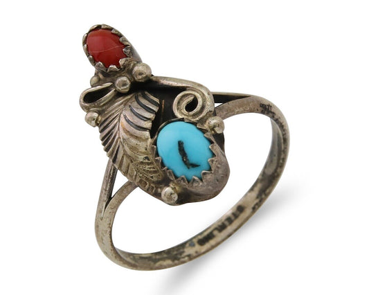 Navajo Handmade Ring 925 Silver Turquoise & Coral Native Artist C.80's