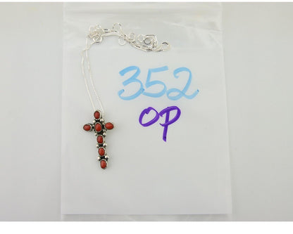 Navajo Cross Necklace 925 Silver Mediterranean Coral Native American Artist C80s