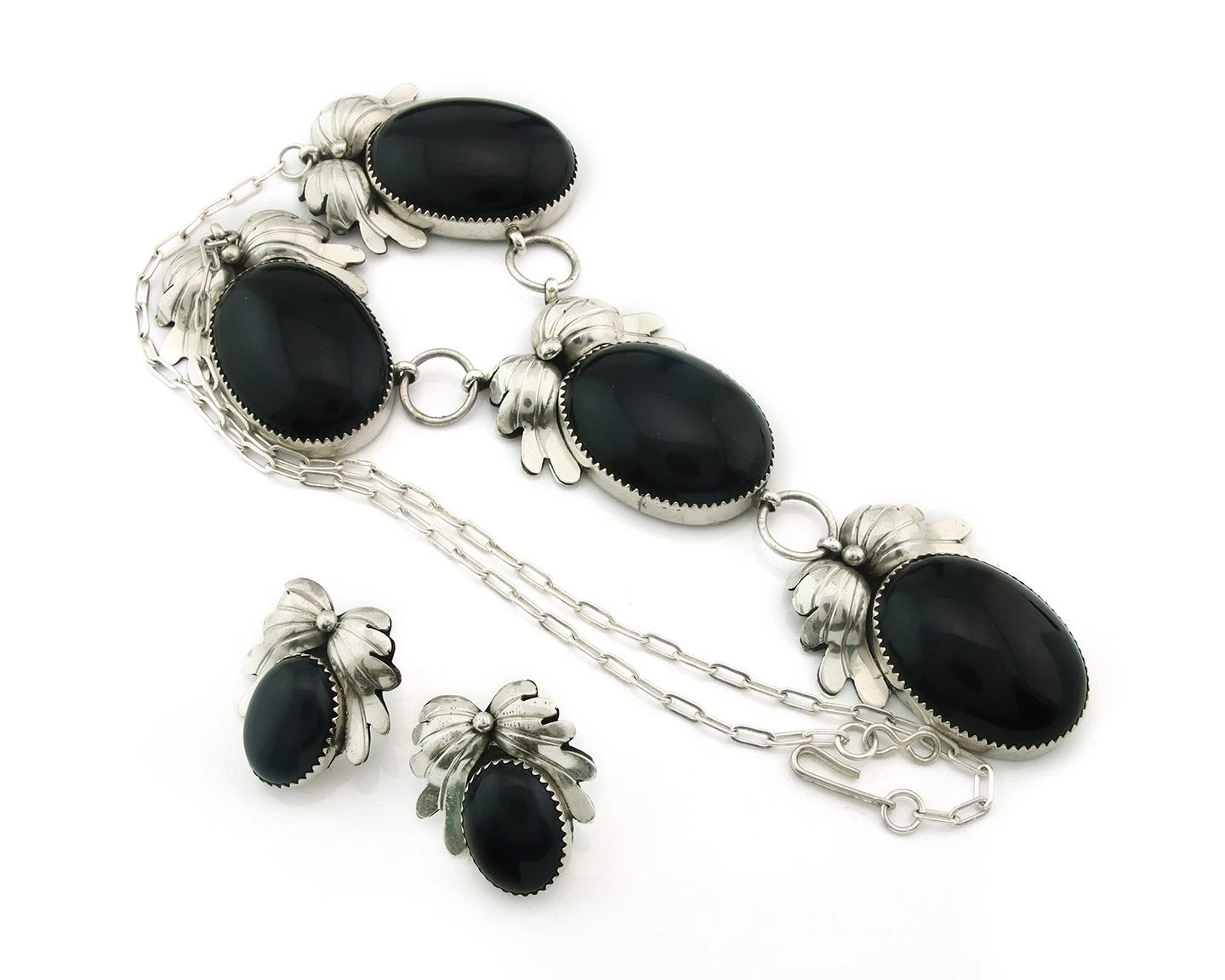 Navajo Necklace Earring Set Sterling Silver Onyx Vintage Signed NS
