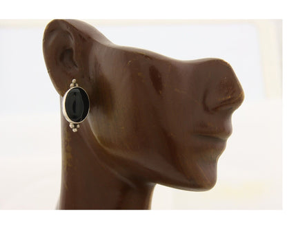 Navajo Earrings 925 Silver Handmade Natural Black Onyx Signed NAKAI C.80's