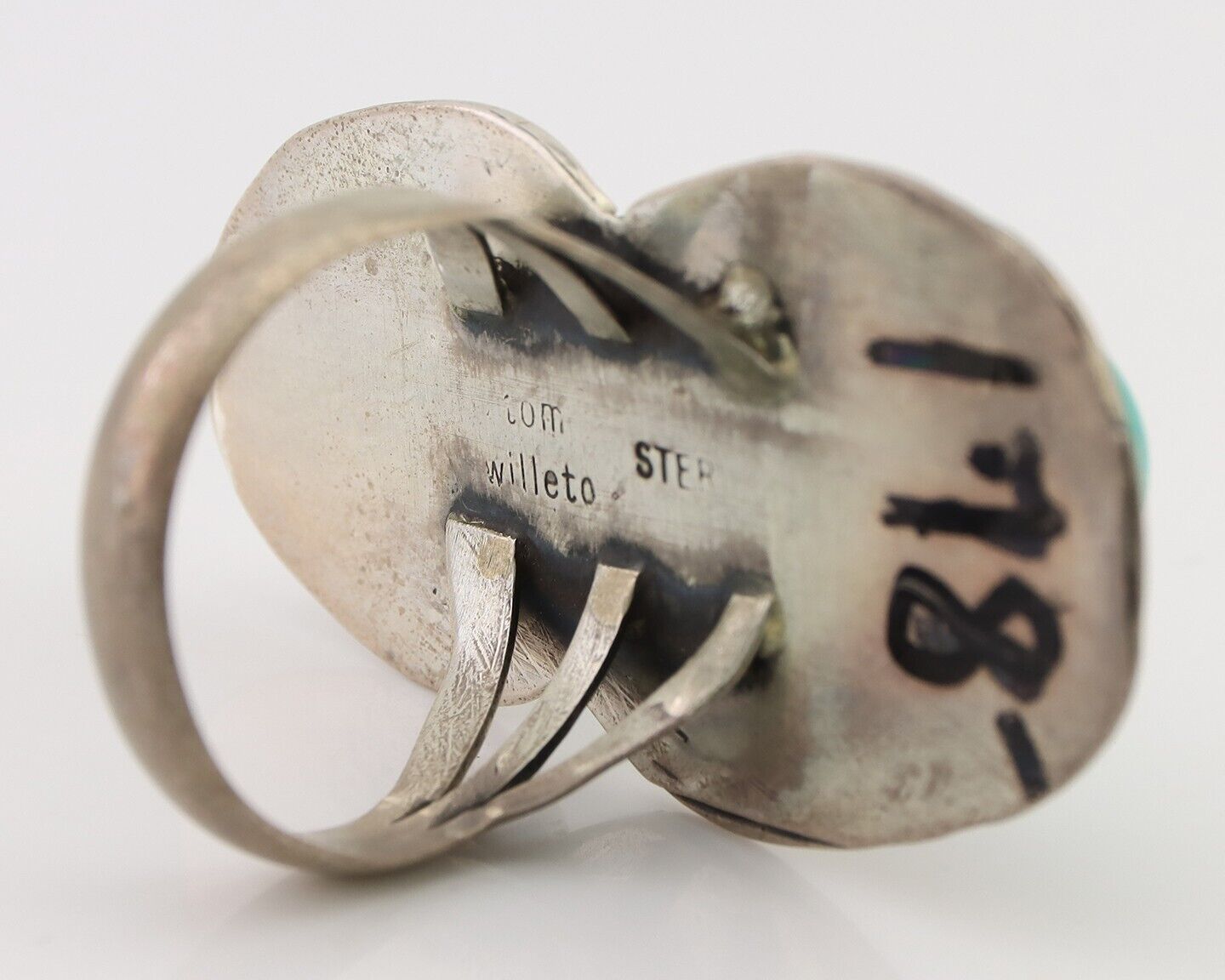Navajo Handmade Ring 925 Silver Natural Tuquoise Artist Signed Tom Willeto C.80s