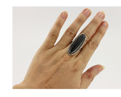 Navajo Ring 925 Silver Onyx Hand Stamped Native American Artist C.80's