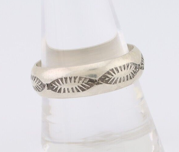 Navajo Hand Stamped Band 925 Silver 6.0 mm Signed Larry Chavez Size 9.25 C.80's